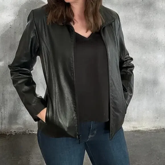 Vintage Wilsons Leather Maxima Black Zip Up Leather Moto Biker Jacket Womens M - Picture 1 of 10